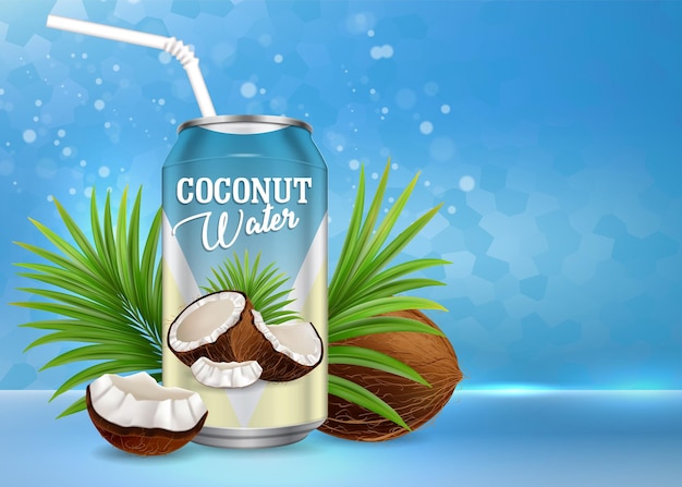 Вектор Шаблон баннера плаката с кокосовой водой. векторная реалистичная композиция органического напитка в алюминиевой банке, листья кокосовых пальм и пространство для копирования. естественно освежающая реклама кокосового сока.