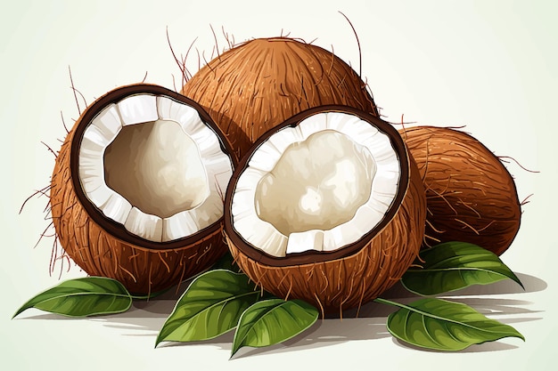 Coconut with palm leaves isolated on whiteCreative Collection fresh ripe whole and cracked coconut