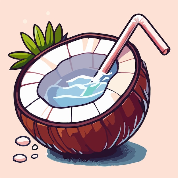 Vector coconut with two straws and an umbrella on a beach vector