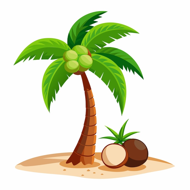 Vector coconuts and coconuts on a beach with a palm tree on the top