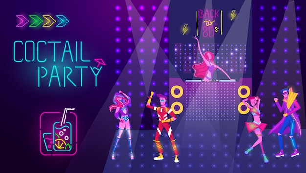Vettore coctail party in discoteca notturna la gente balla l'illustrazione vettoriale della luce al neon luminosa ballare in musica da discoteca discoteca al neon