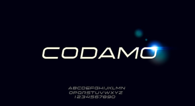 Codamo, a high tech and futuristic font, modern scifi typeface design. Alphabet