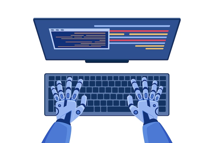 Vector code automation development programming using ai top view of coding robot hands