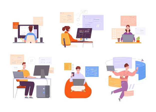 Code engineer werkt Encoder programmeersoftware computertechnologie webontwikkeling laptop taal programma html java php python internet backend prachtige vectorillustratie