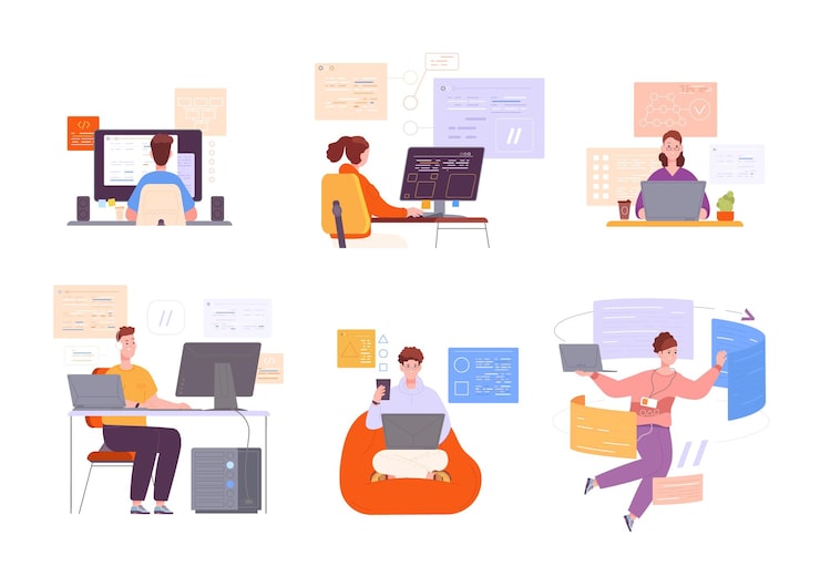 Vector code engineer works encoder programming software computer technology web development laptop language program html java php python internet backend splendid vector illustration