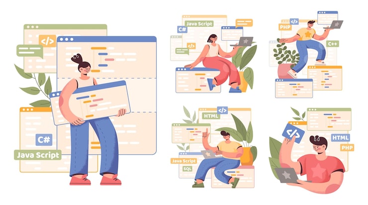 Vector code engineer works in program software web technology language backend java coder laptops and plants computer programming concepts developers windows vector cartoon illustration