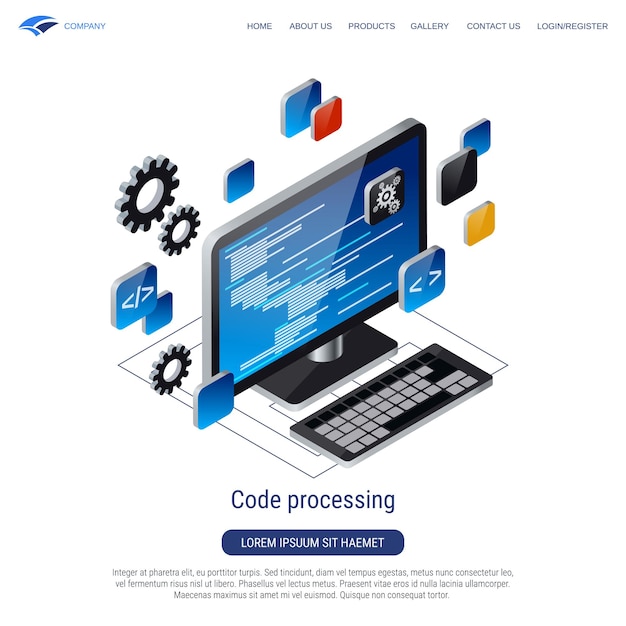 Иллюстрация концепции 3D-изометрического вектора обработки кода