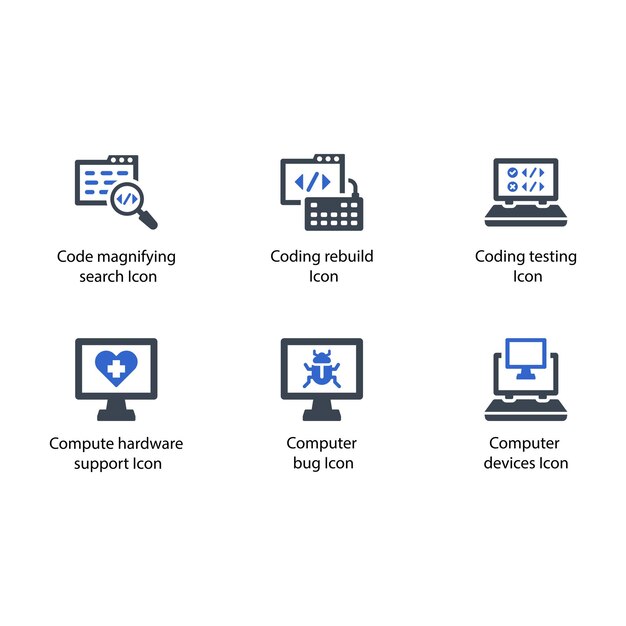 Code search Code rebuilds Code testing Hardware support Computer bug Computer devices icon