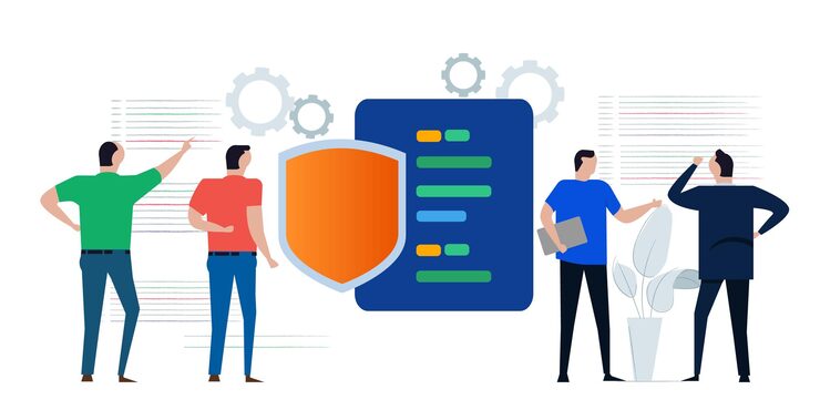 Vector code security shield symbol online programming secure technology programmer working on encrypting data information in digital