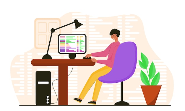 Codeer man aan het werk achter de computer thuis. Webontwikkelaar werkt aan bureau Illustratie.