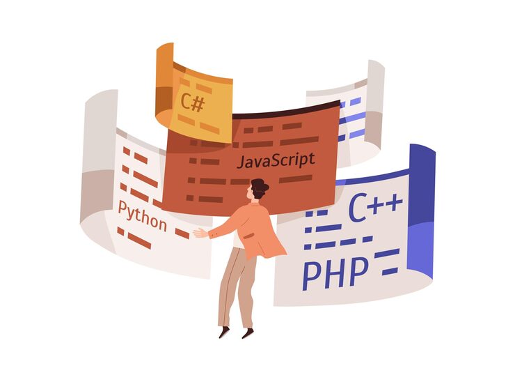 Vector coder and computer languages. software developer student with java, python, c plus and php scripts. information technology and studying programming concept. flat vector illustration isolated on white.