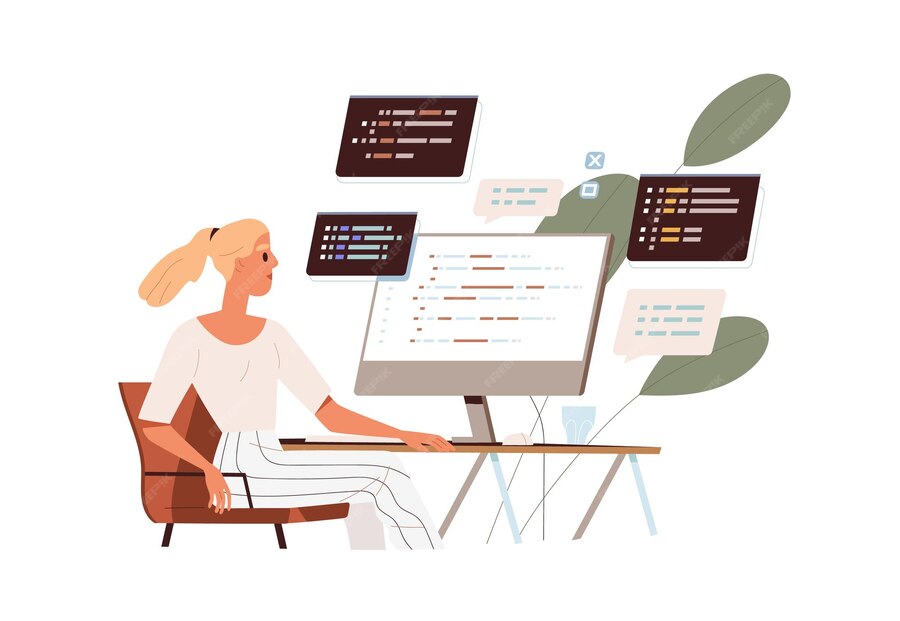 Premium Vector | Coder at computer screen with abstract program code ...