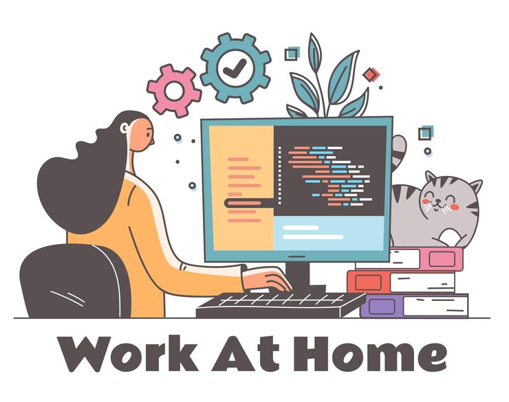 Vector coder programmer developer character working at home work visible on screen home desktop workplace