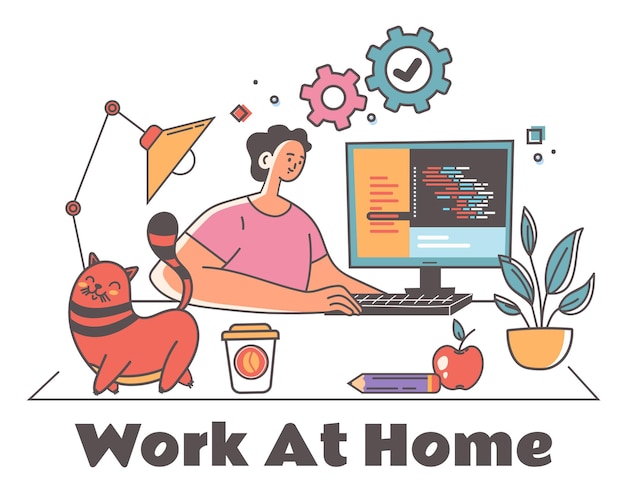 Coder programmer developer character working at home work visible on screen home desktop workplace