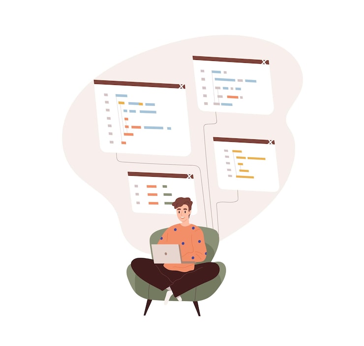 Vector coder programming with laptop. backend developer coding. software engineer at work with scripts. information technology and development concept. flat vector illustration isolated on white background.