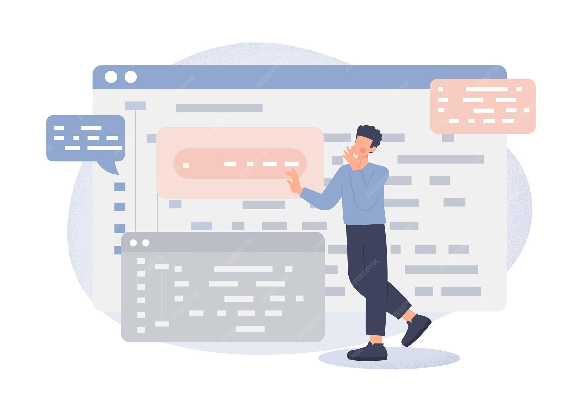 Premium Vector | Coder work concept man developing program or interface ...