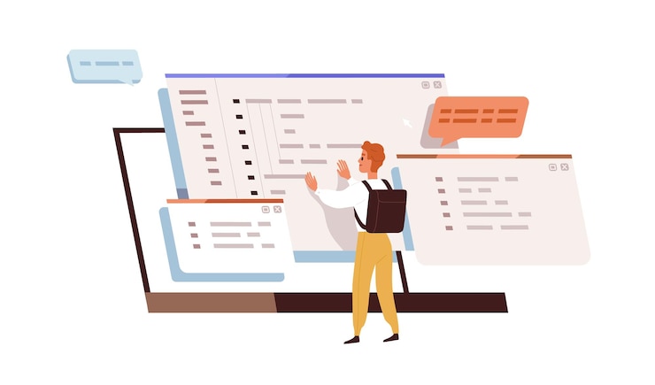 Вектор кодер работает над разработкой программного обеспечения. кодирование бэкенд-разработчика. студент-программист, экран и абстрактный компьютерный язык. концепция программирования. плоская векторная иллюстрация на белом фоне
