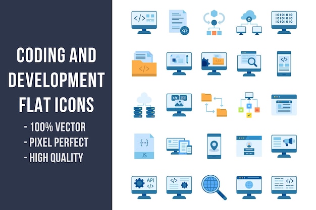 Codering en ontwikkeling platte veelkleurige pictogrammen