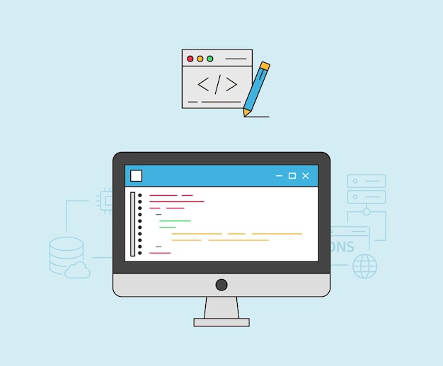 Codering Programmering illustratie set HTML CSS Script computertaal Pictogram Vector tekening Hand getrokken