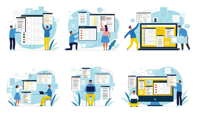 コーダーの人々 デザイナーとプログラマー デジタル開発者 java スクリプト エンジニア ネットワーク コーダー 最近のベクトル フラットな人々 働くイラスト