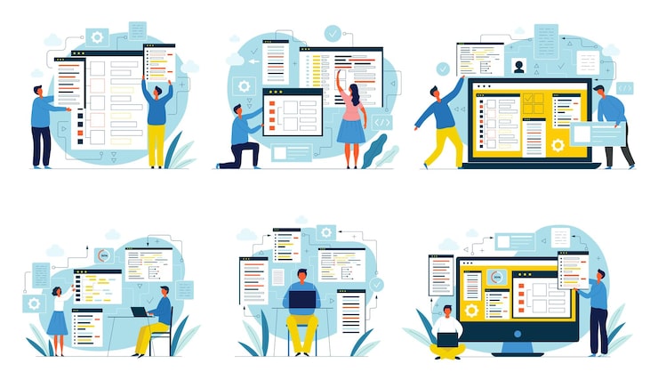 Vector coders people designers and programmers digital developers java script engineers networking coders recent vector flat people working illustrations