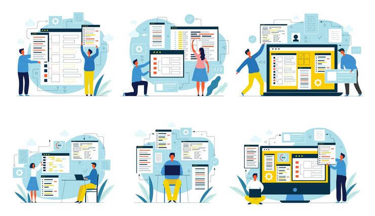 Vector coders people designers and programmers digital developers java script engineers networking coders recent vector flat people working illustrations