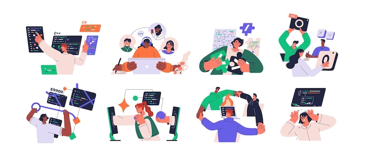 Vector coders software engineers set information technology backend program development concept programmers work developing and testing code flat vector illustrations isolated on white background