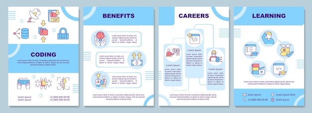 Coding career brochure template. developer job. booklet print design with linear icons. vector layouts for presentation, annual reports, ads. arial-black, myriad pro-regular fonts used