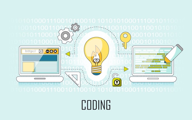 Coding concept: lighting bulb and laptop in line style
