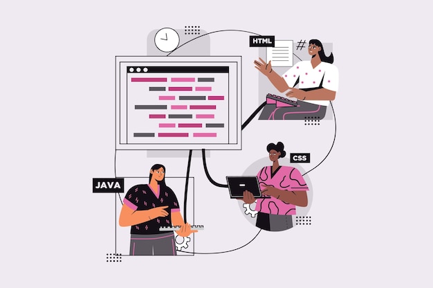 Coding concept with people scene in the flat cartoon design A team of programmers write code