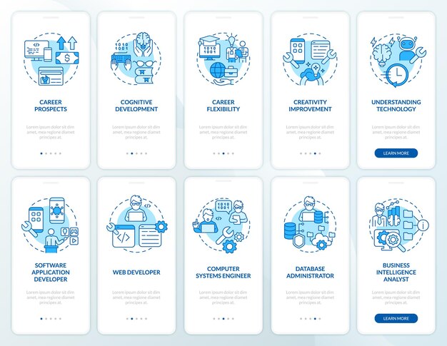 Coding concepts blue onboarding mobile app screen set. admin walkthrough 5 steps graphic instructions pages with linear concepts. ui, ux, gui template. myriad pro-bold, regular fonts used