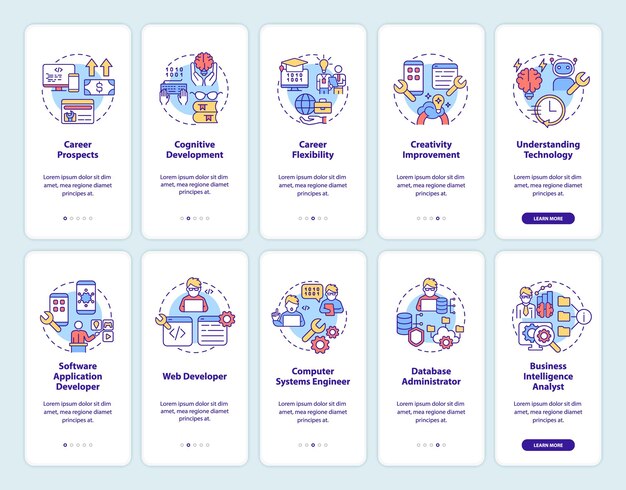 Coding concepts onboarding mobile app screen set. Programming walkthrough 5 steps graphic instructions pages with linear concepts. UI, UX, GUI template. Myriad Pro-Bold, Regular fonts used