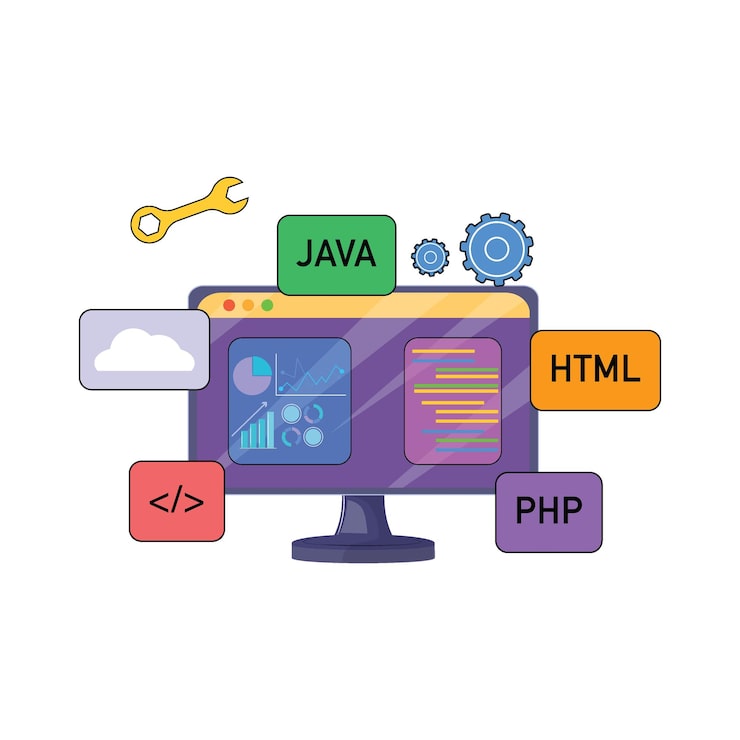 Vector coding environment display with java html php and cloud icons software engineering concept art