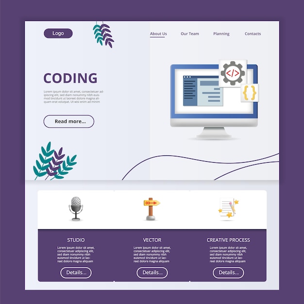 Coding flat landing page website template studio vector creative process web banner with header