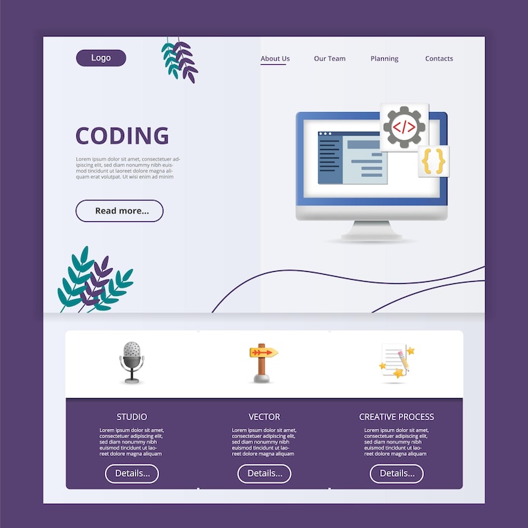 Vector coding flat landing page website template studio vector creative process web banner with header