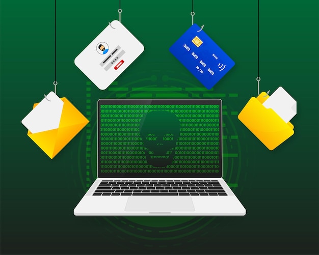 Vector coding hacker and cyber criminals phishing stealing private personal data user login password document email and credit card green code vector illustration