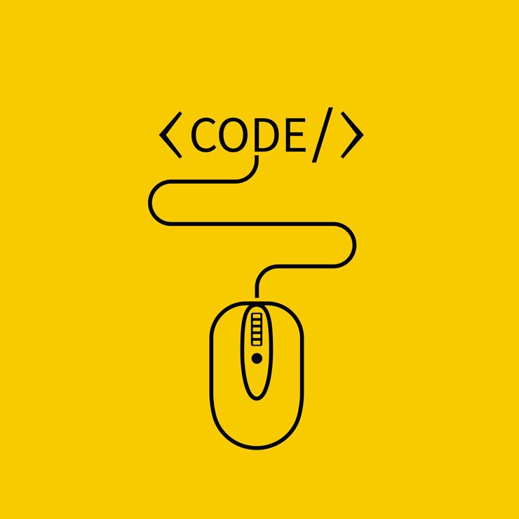 Vector 编码图标. 计算机鼠标连接到符号code,概念. 编程标志,应用程序网站. 最小设计向量插图. 网络技术. 数据编码.