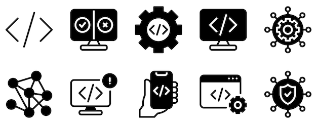 coding icon set technical solid style collection for programming and development