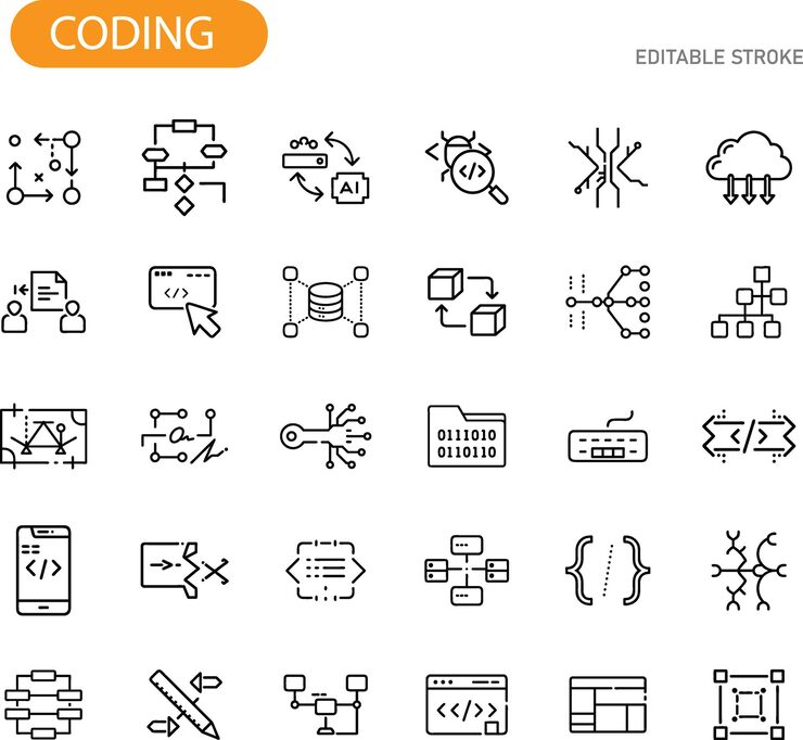 Vector coding icons programming software development algorithm data ai