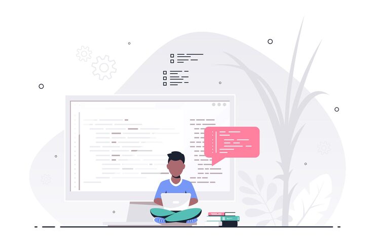 Vector coding, programming, application development concept. black man programmer sitting on the big computer screen and working. flat style banner design