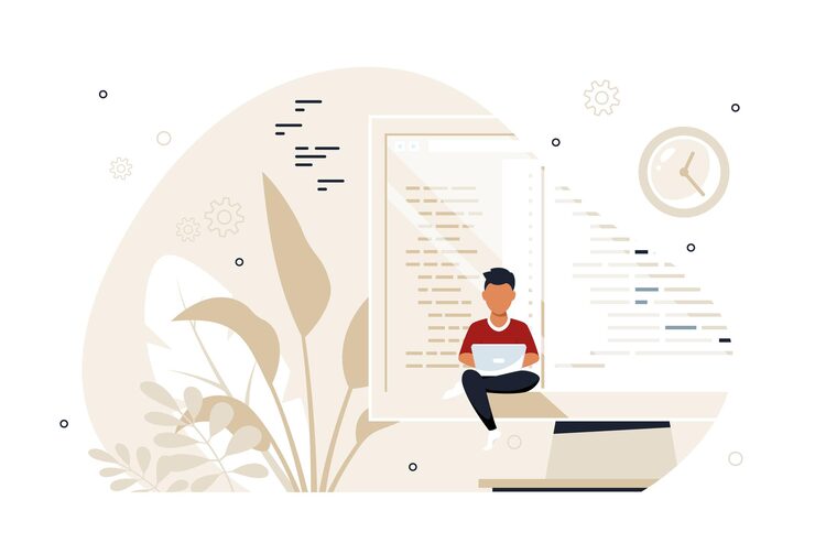 Vector coding, programming, application development concept. black man programmer sitting on the big computer screen and working. flat style banner design