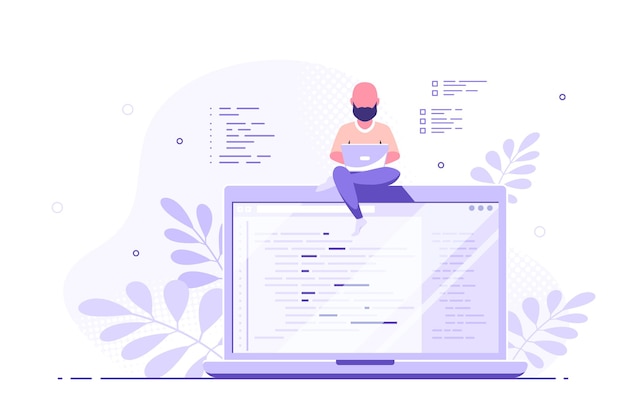 コーディング、プログラミング、アプリケーション開発のコンセプト。大きなラップトップに座って働いている白人男性プログラマー。フラットスタイルのバナーデザイン