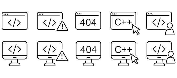 Vector coding programming c plus plus and error 404 icons set
