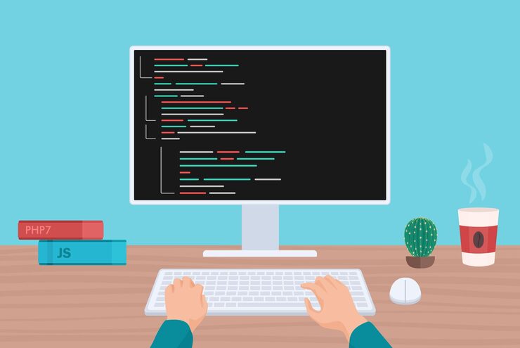 Vector 코딩, 프로그래밍, 컴퓨팅, 데스크 pc, 헤드 모니터, 뷰, 프로그래머, pc에서 작업하는 손