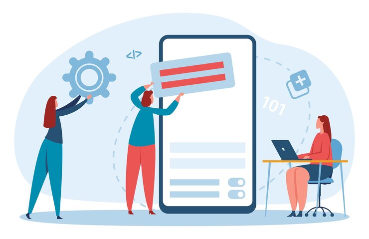 Vector coding and programming concept women working on laptop mobile screen developing programs technologies cartoon developers doing tasks and coding software on devices vector illustration