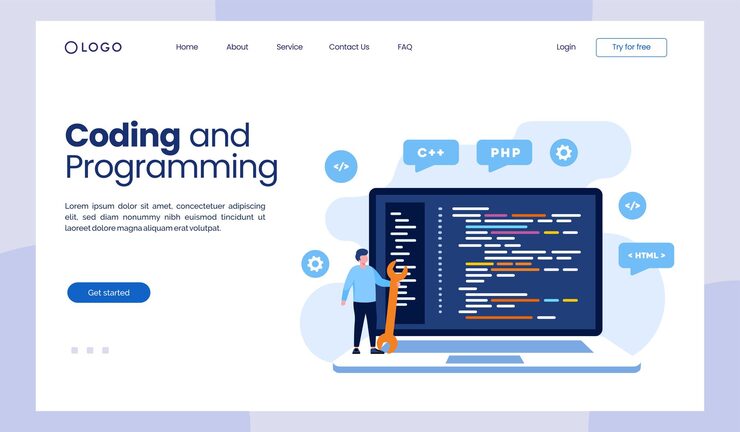 Vector 코딩 프로그래밍 언어 css html it ui 프로그래머 만화 캐릭터 개발 웹 사이트 디자인 평면 그림 방문 페이지