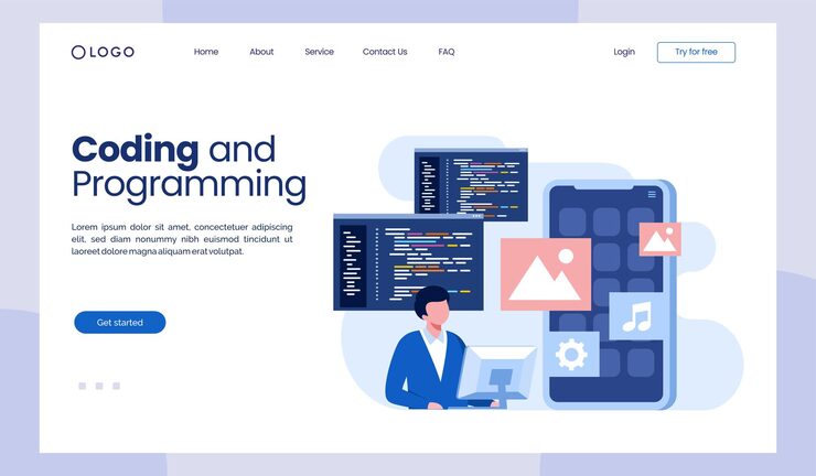 Vector coding programming languages css html it ui programmer cartoon character developing website design flat illustration landing page