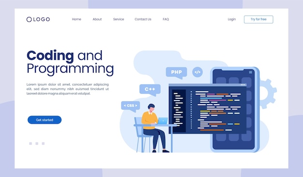 Coding programming languages css html it ui programmer cartoon character developing website design flat illustration landing page