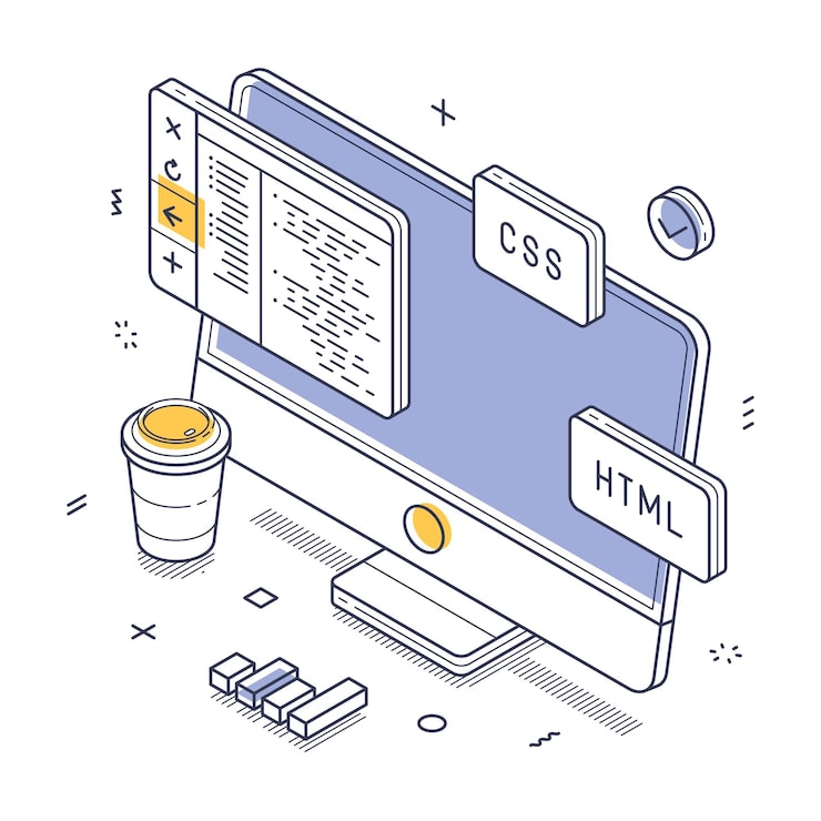 Vector coding programming with a computer and design elements for web development isometric line art