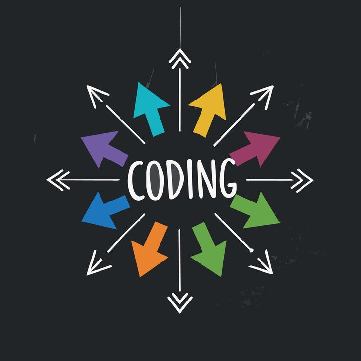 Vector coding for software development or programming concept multi color arrows pointing to the word cod